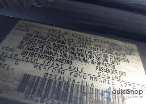 2011 Nissan Versa 1.8S z USA, uszkodzony, nr VIN 3N1BC1AP3BL448789